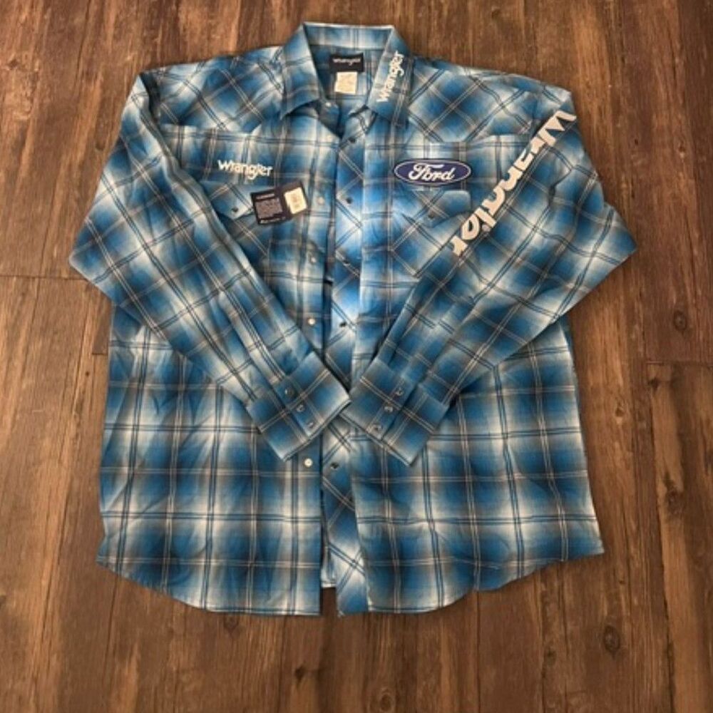 Wrangler Ford Blue Plaid Western Snap Shirt Men’s XL Embroidered NWT